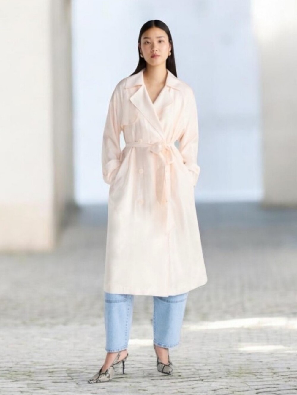 #5021 Women's Light Pink Trench Coat with Belt